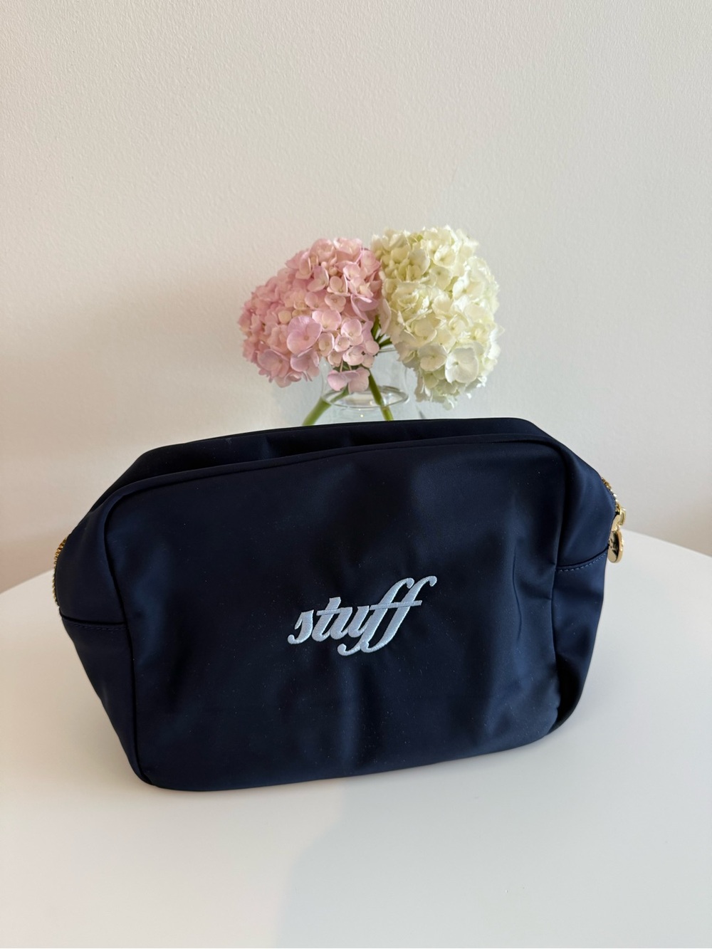 Stoney Clover Lane large “Stuff” embroidered pouch in navy